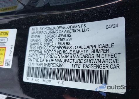 2024 Honda Civic Sport Touring z USA, uszkodzony, nr VIN 19XFL1H88RE023550